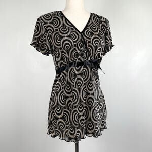 Vintage Y2K Babydoll Top Pleated Funky Geometric Retro Satin Tie Detail Black 10
